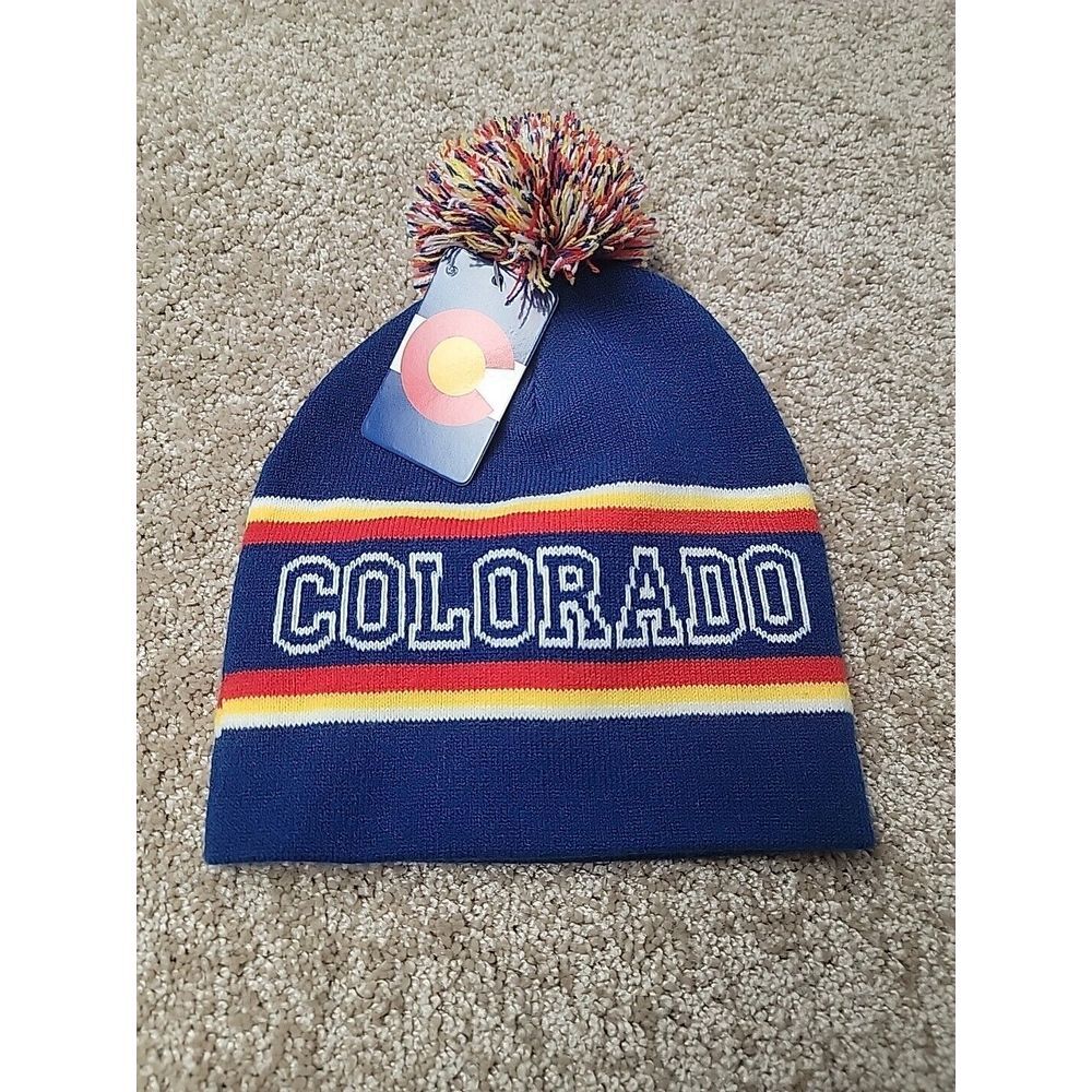 COLORADO Beanie‎ Cap Knit Toboggan Pom Pom Puff Purple Pink White Striped Winter